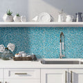 Sky blue multi-shaped glass mosaic tile with glossy matte finish on the kitchen backsplash
