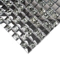 Silver gray glossy square glass mosaic tile with textured and smooth surfaces arranged on mesh backing
