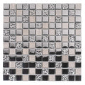 Light gray 12x12 polished textured glass and stone mosaic tile sheet with mixed finishes