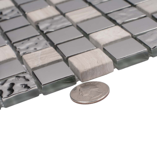 Light gray polished textured glass and stone mosaic tile sheet with square pattern