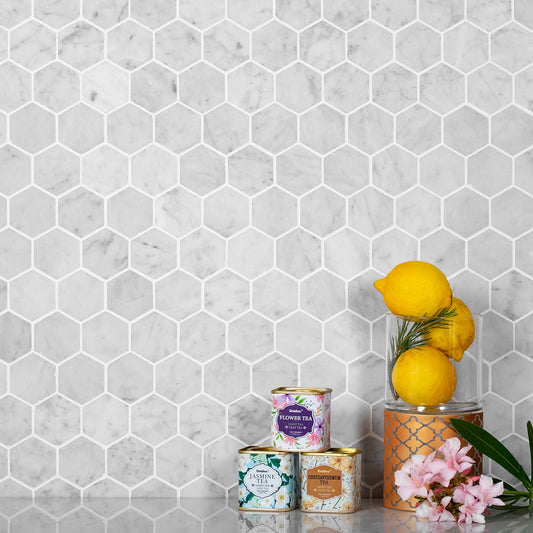 White honed Carrara marble hexagon mosaic tile backsplash with matte finish, 12x12 inches