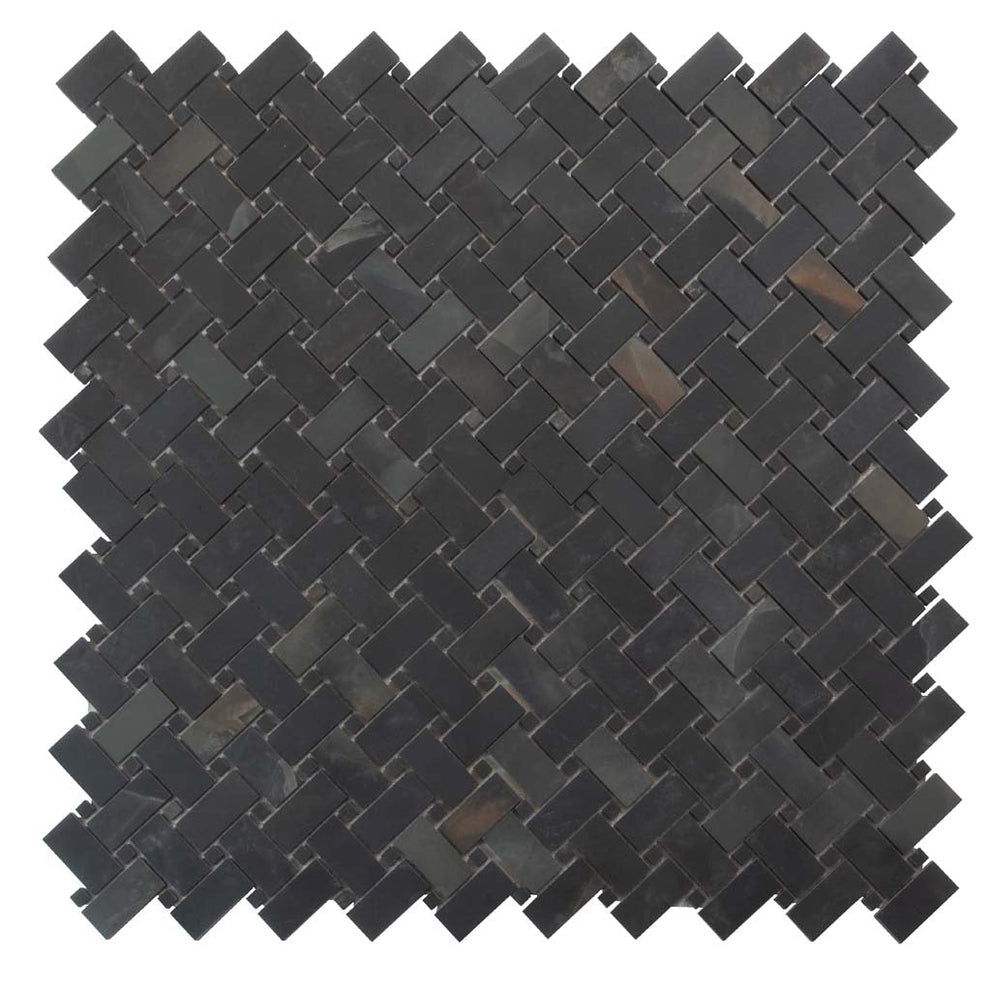 Black basketweave porcelain mosaic tile backsplash in a matte finish