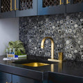 Black and gray glossy textured multi-shaped glass resin mosaic tile backsplash with gear pattern, 12x12 inches