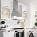 White and gray polished marble mosaic tile backsplash with 10x12 inch brick pattern